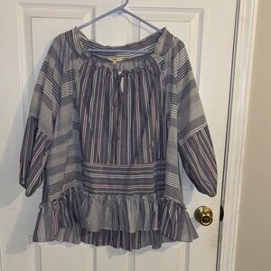 New Easel Striped Blue Pink Peasant Top